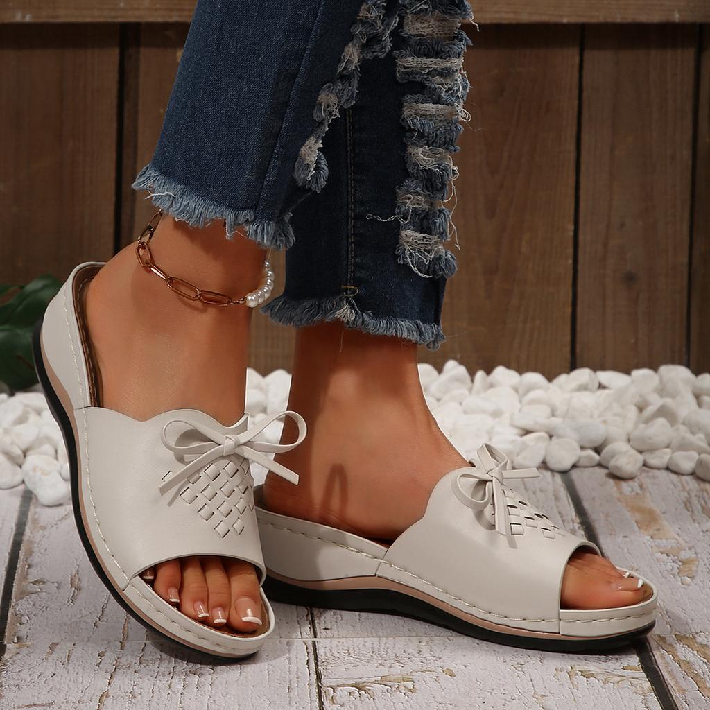 2025 new foreign trade summer slope heel fish mouth slippers women's shoes casual large size thick heel slippers bow solid color