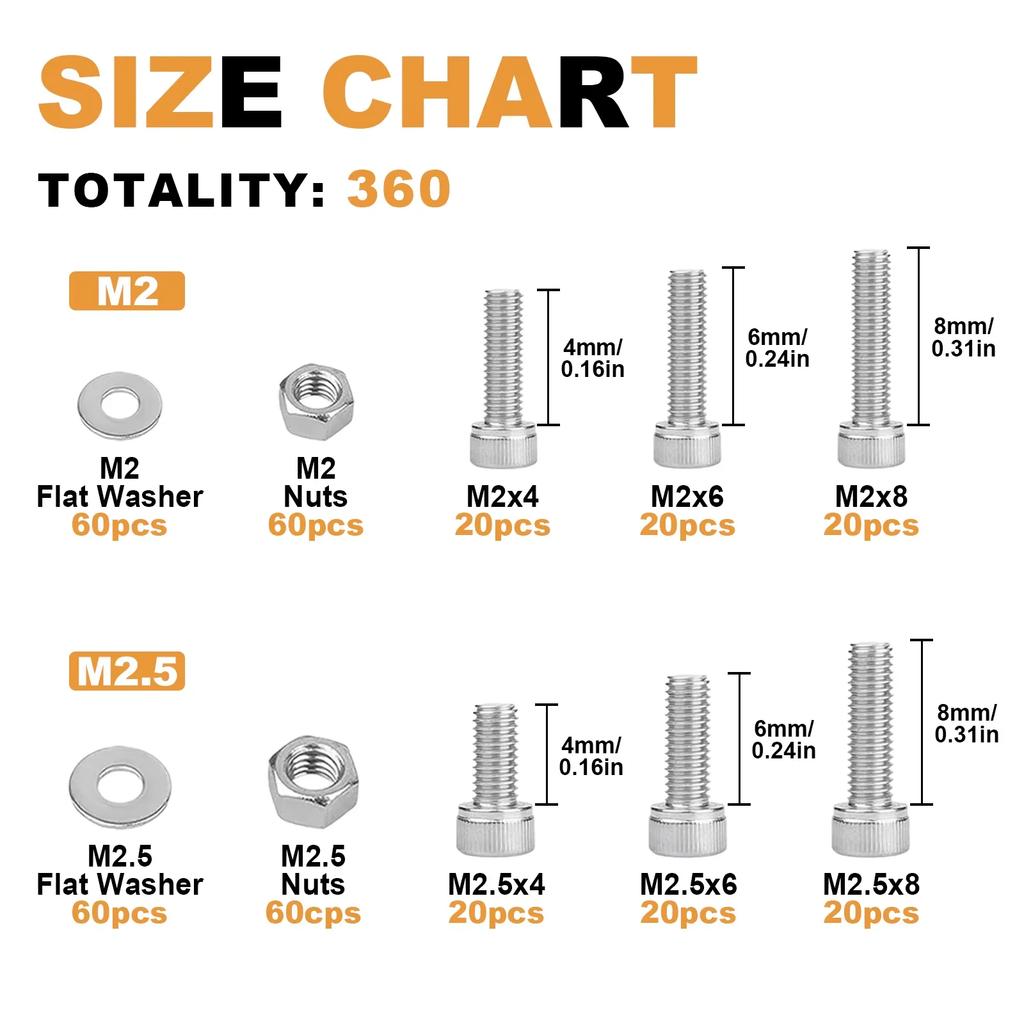 VKKM 360-Piece 304 Stainless Steel Screw Set with Washers & Nuts in M2/M2.5 Multi-Specifications, Essential for Maintenance.
