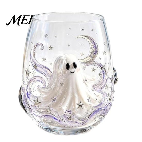 Creative Beverage Cup Halloween Ghost Whiskey Glass, Black Cat Spider Net Skull Tumbler for Novelty Shape Glass Cocktail, 350ml Spooky Drinkware Home