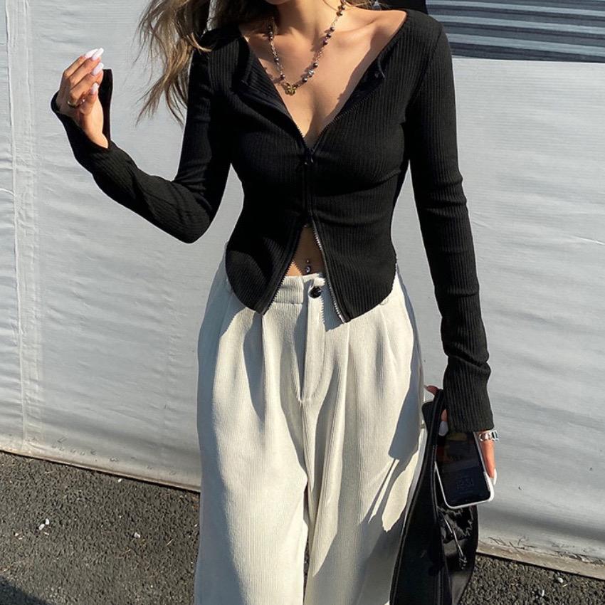 Женская футболка, весенне-осенняя одежда, трикотажные укороченные топы с длинными рукавами в рубчик, дизайнерская футболка на молнии, сексуальные женские тонкие черные, белые топы