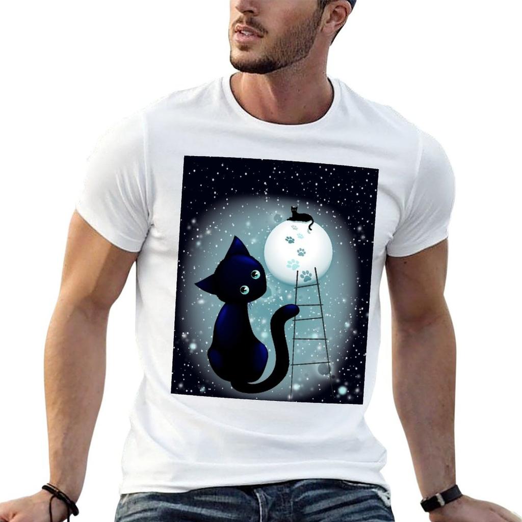 Blue Kitty Dream on the Moon T-Shirt Soft Basic Cotton Short Sleeve Tee