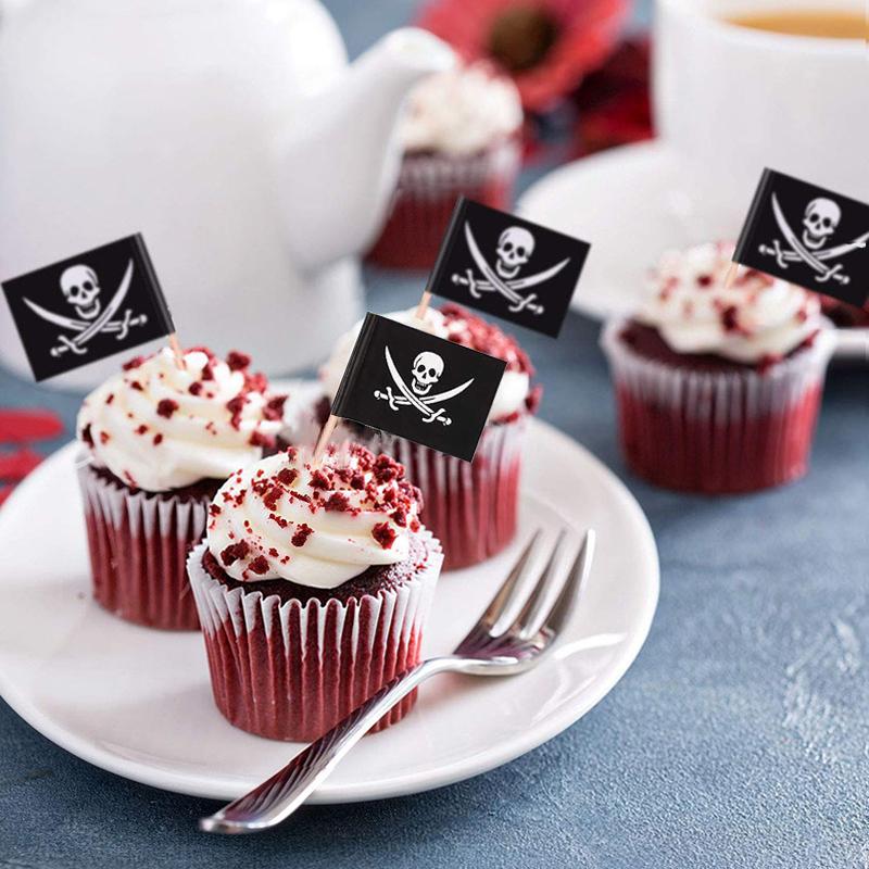 10pcs Pirate Cocktail Toothpick Black Flags Cupcake Topper Skull Cap Pick Pirates Theme Kids Birthday Party decor