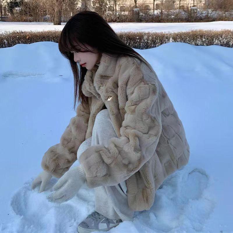 Зимняя женская шуба из искусственного меха, осенне-зимняя шуба из искусственного кроличьего меха со стойкой, обычная хлопковая утолщенная свободная шуба из овечьей шерсти