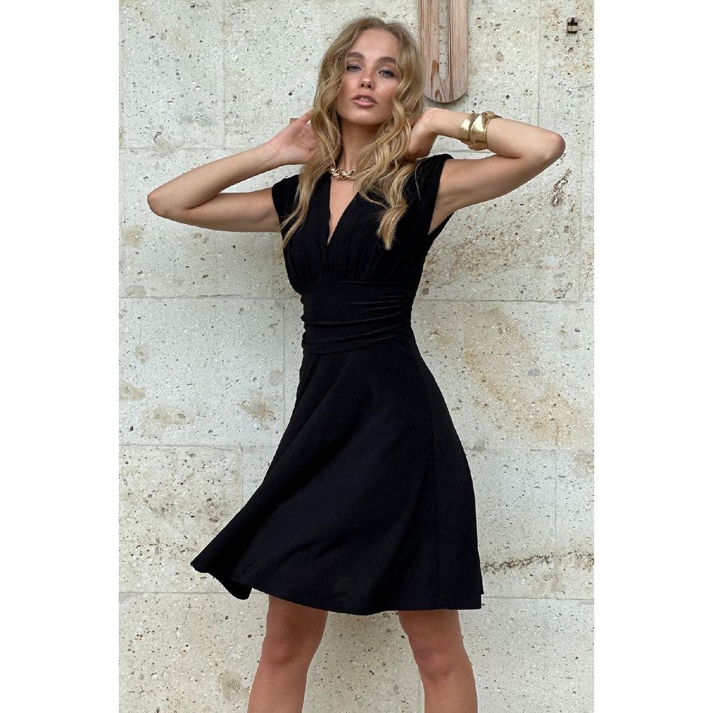 Женское черное расклешенное платье с корсетом и v-образным вырезом на талии Alc-x12153