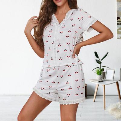 2 шт./комплект пижамный костюм кружевной сращивание V-образный вырез короткий рукав топ вишневый принт комфорт домашняя одежда повседневный топ шорты комплект одежды для сна
