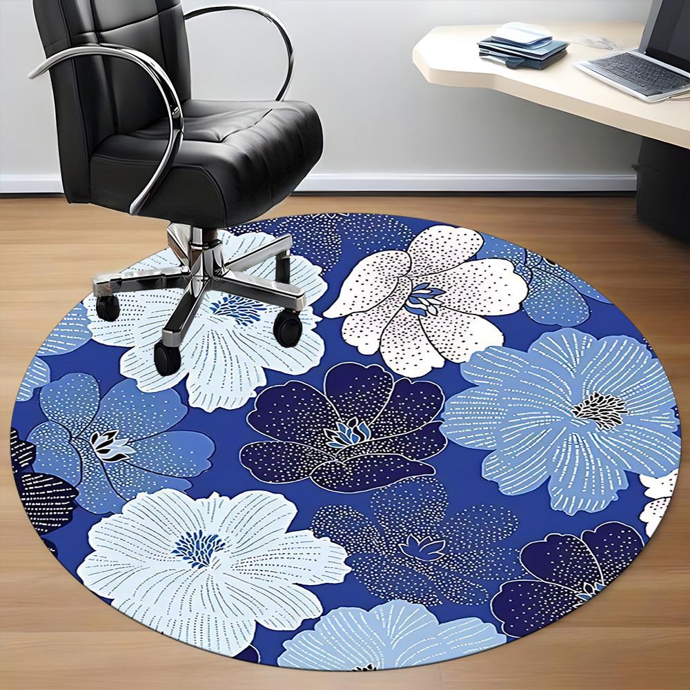 1pc Floral Blue Office Round Area Rug, Mat Suitable For Office, Under Office Chairs Bedroom Living Room Home Decor, Room Deco