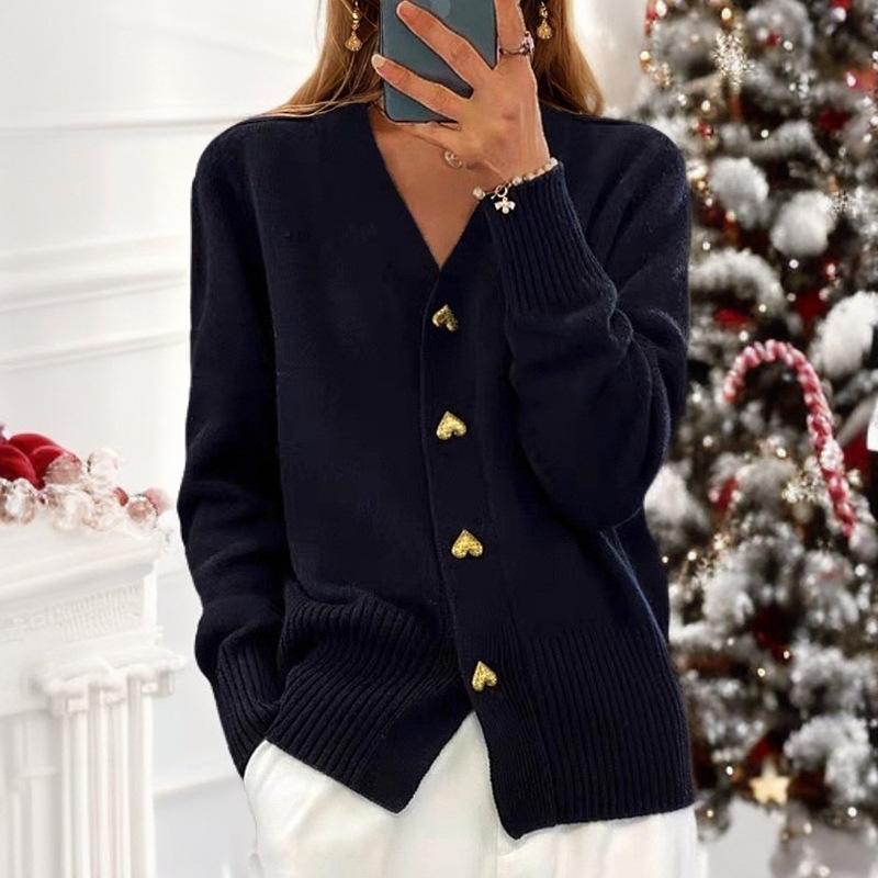 Women's Autumn/Winter V-Neck Knitted Cardigan with Heart Row Buttons