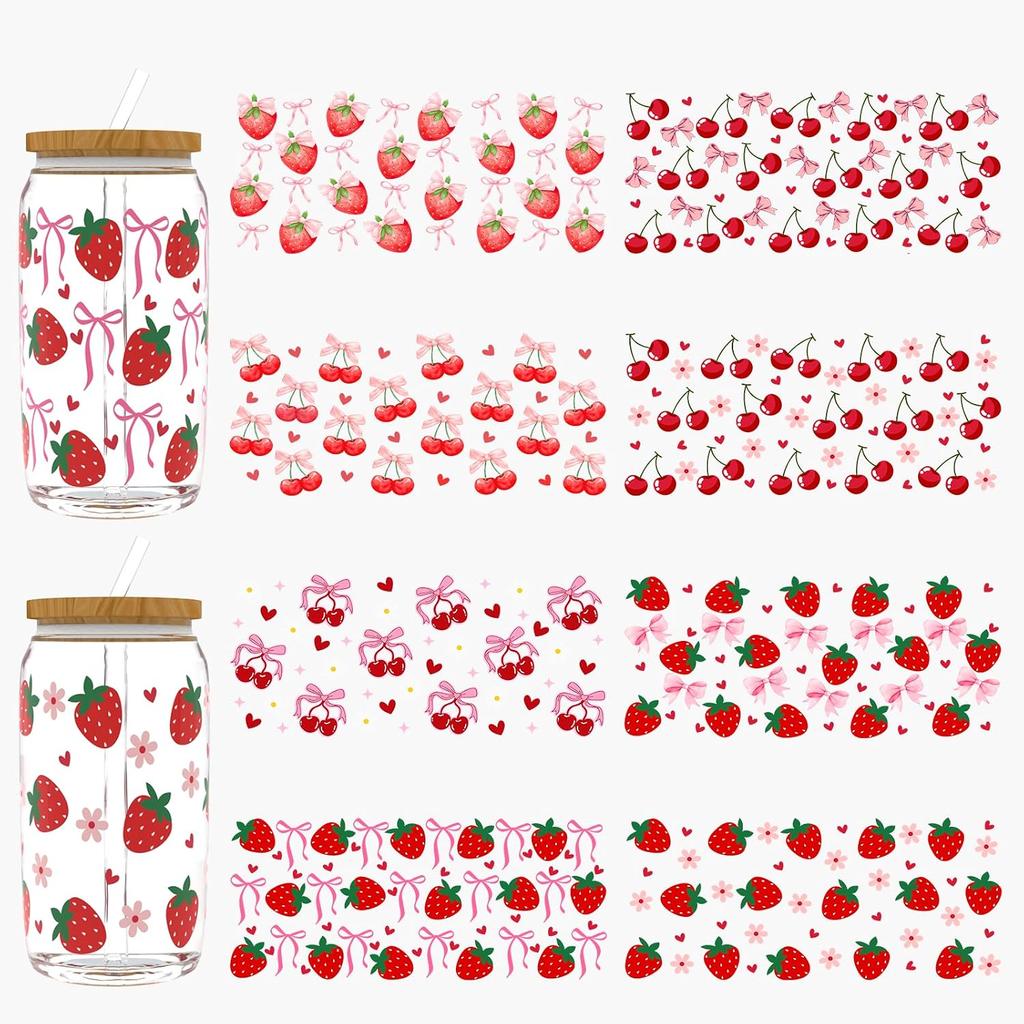 8Pcs UV DTF Stickers Strawberry Cherry UV DTF Cup Wrap for 16oz