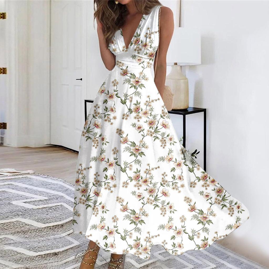 Женское длинное платье Платье макси Повседневное платье Летнее повседневное платье без рукавов с v-образным вырезом в стиле бохо с талией и принтом