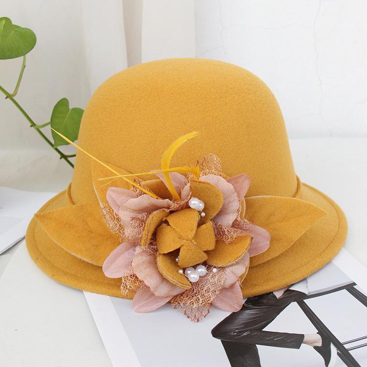 Bucket Hat Female British Retro Feather Flower Woolen Top Hat Elegant Felt Hat Pot Hat
