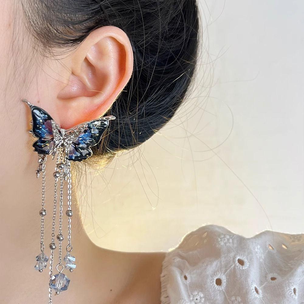 Асимметричные красные серьги-кисточки с бабочками