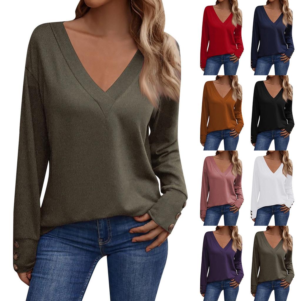 Women's Autumn/Winter Solid Color V-neck Loose Long Sleeved T-shirt Button Top