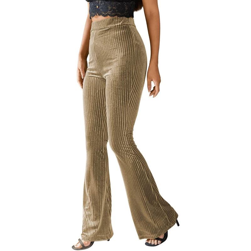 Женские новые модные сексуальные однотонные брюки-клеш с высокой талией из золотистого бархата в полоску