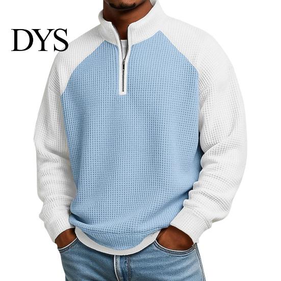 Breathable Outdoor Activewear Men Waffle Sweatshirt, Long Sleeve Quarter Zip Contrasting Color Mens Sweatshirt Casual Stand Collar Pullover Shirt for