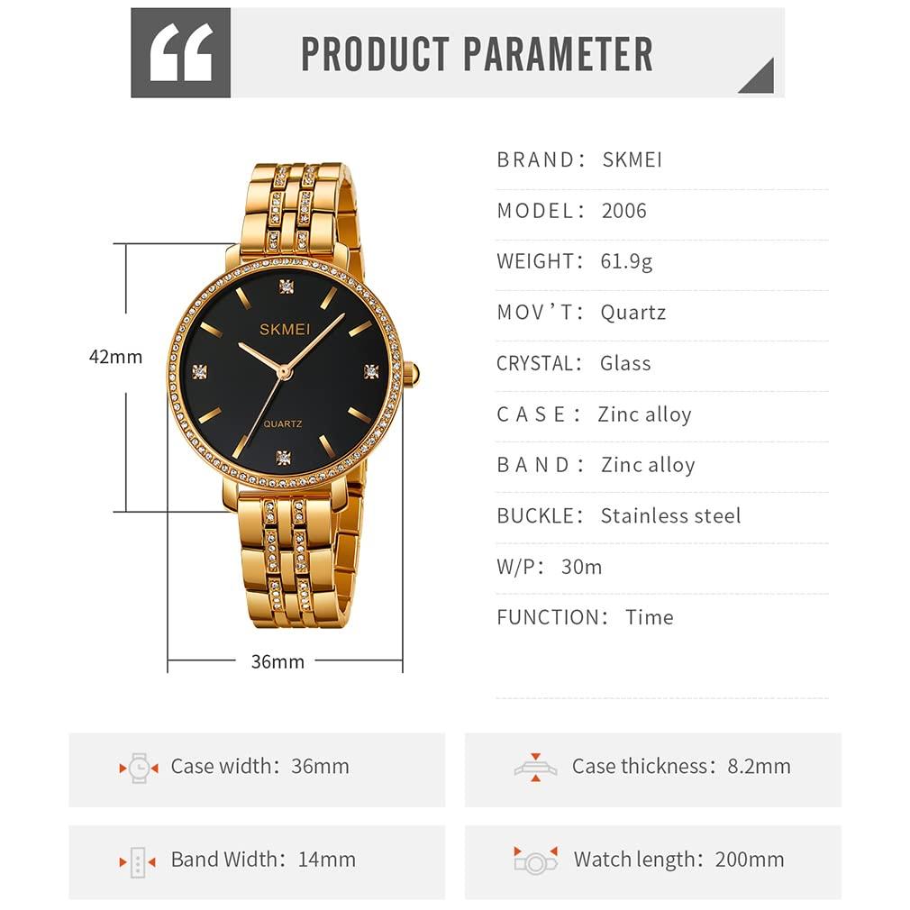 Simple and stylish wristwatch with classic large gold stainless and black Perfect for business or as a women's diamonds, design, accents, waterproof,