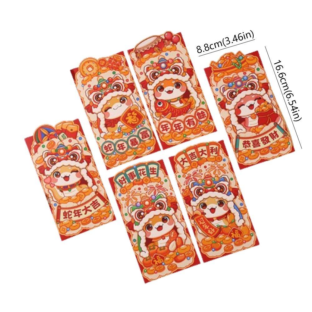 6pcs Traditional 2025 Snake Year Red Envelopes Cartoon Lucky Money Bag Graduation