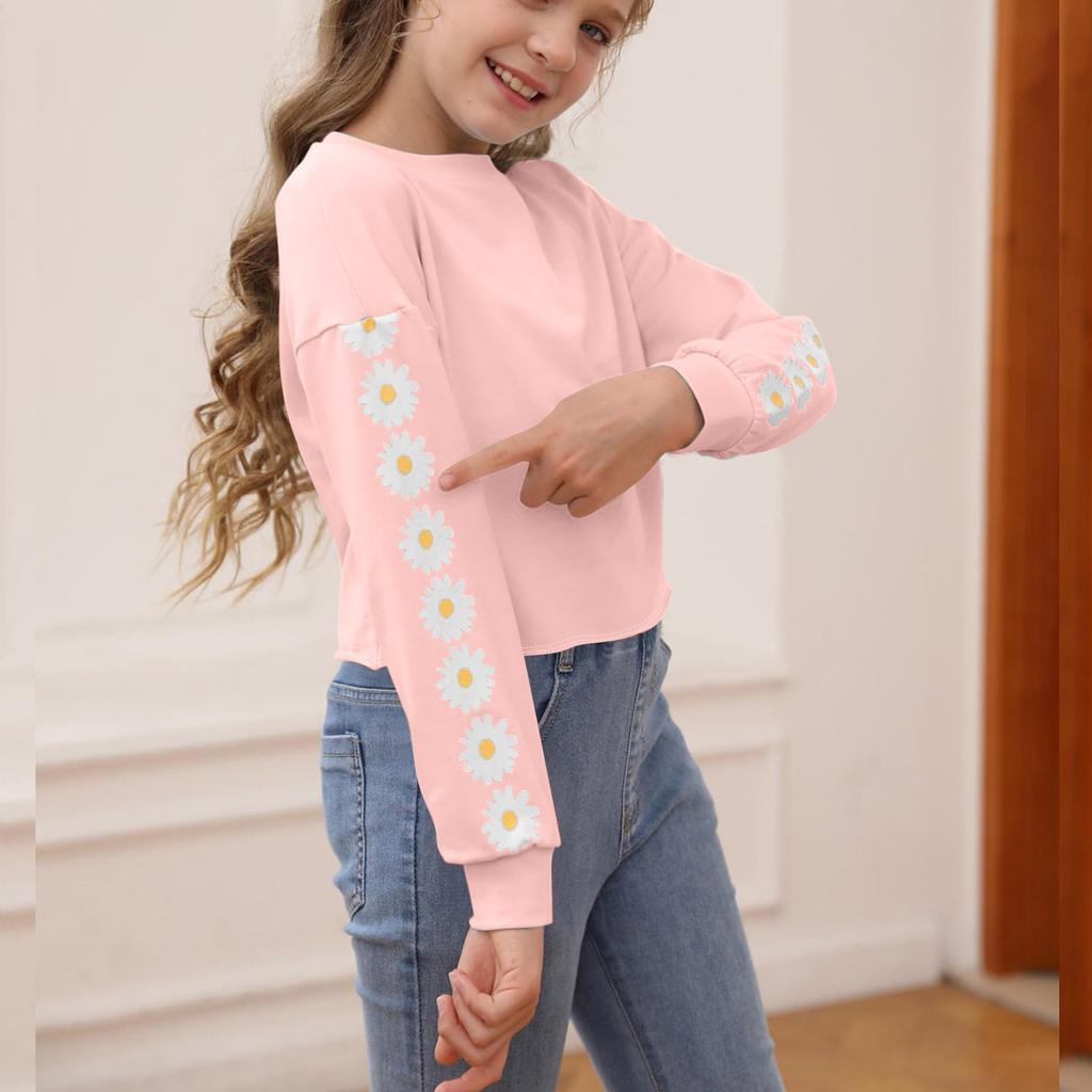 Детские укороченные топы, футболки с длинным рукавом для девочек, милые принтованные модные толстовки, пуловеры