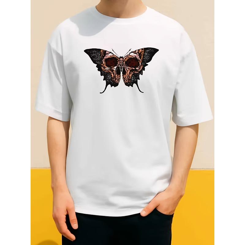 European Sizes Men'S Skull Butterfly Day of the Dead Graphic T-Shirt | White Crew Neck Tee with Vibrant Mexican Folk Art Print