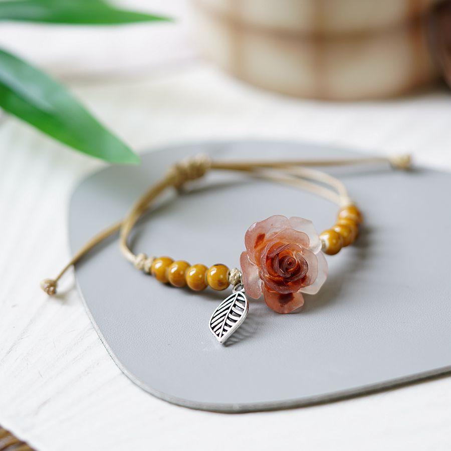 RUI RUI YU Нефритовый браслет с цветком персика для женщин и девочек, китайская мода, древний красный агат, бусины, браслет-подвеска, плетеная ручная веревка, ювелирное изделие, подарок