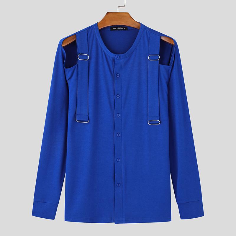 INCERUN Мужские футболки с вырезом и длинным рукавом, с ремешком, с пуговицами, повседневные футболки, топы, майки