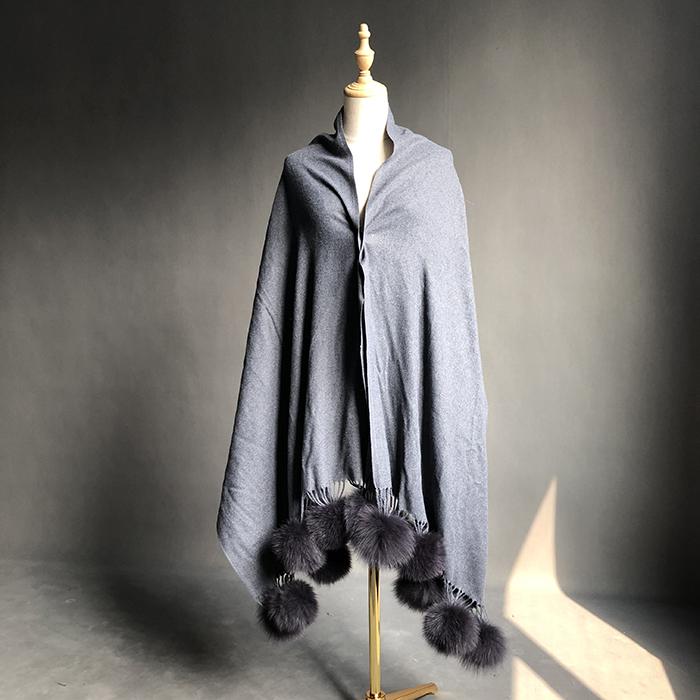Factory Direct  Pashmina Shawl Women Cashmere Scarf Shawl With Fox Fur Pompoms