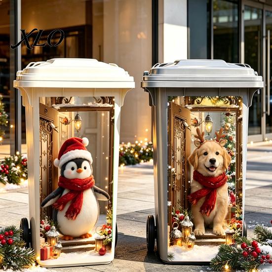 Weather Resistant Snowman Garage Door Stickers Christmas Trash Can Stickers, 3D Illusion Cute Animal Peel & Stick Removable Decorations for