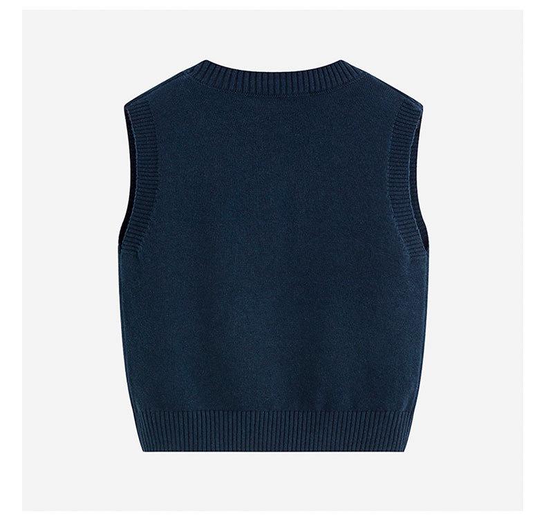 Autumn/Winter Children's Cotton Knit V-Neck Sweater Vest - College Style, Solid Color