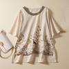 Dimanaf 2022 Women Plus Size Floral Summer Style Linen O-Neck Bat Print T-Shirt Casual Tops Shirts Loose Oversized Shirt