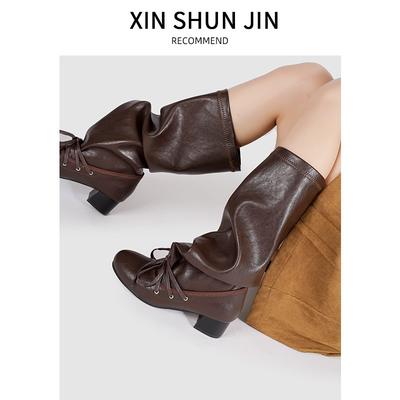 Ретро ремешок новый нишевый дизайн брюки ботинки толстый каблук толстая подошва ботинки до колена заостренный носок шнуровка рыцарские ботинки