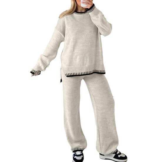 Women Striped Knit Sweater Wide Leg Pants Set Split Pullover Tops Elastic High Waist Straight Pants Two Piece Set Lounge Wear Tracksuits for Winter