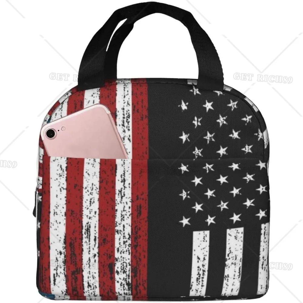 Сумка-тоут с американским флагом для обеда для женщин и мужчин, многоразовый изолированный контейнер для обеда-холодильника с карманом для работы в офисе