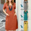 Women Dress O Neck Solid Color Knee Length Loose Short Sleeves Side Pockets A-line