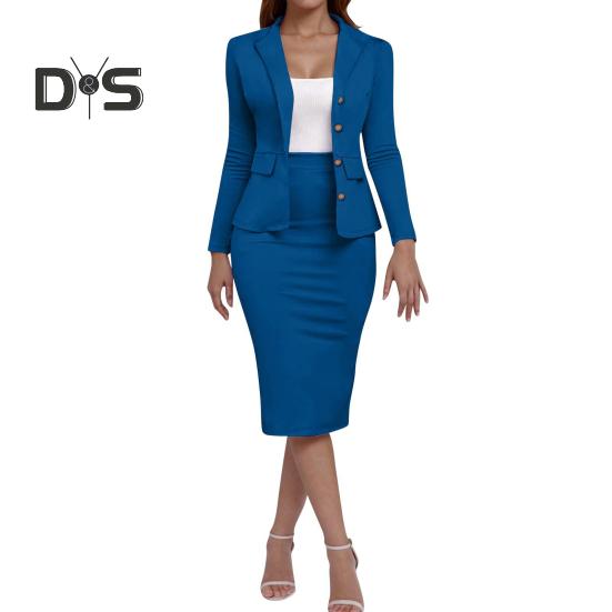 Женский деловой костюм с юбкой, пиджак с длинным рукавом и юбка-карандаш, повседневный офисный комплект из 2 предметов