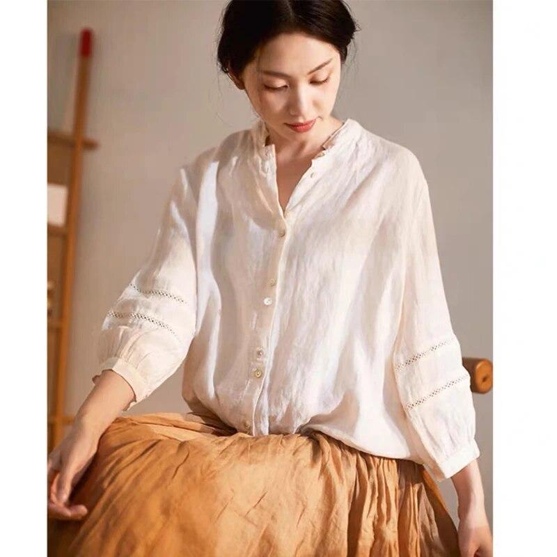Johnature Spring Autumn Women Japanese Vintage Short Shirts Casual Stand Collar Loose All Match Female Tops
