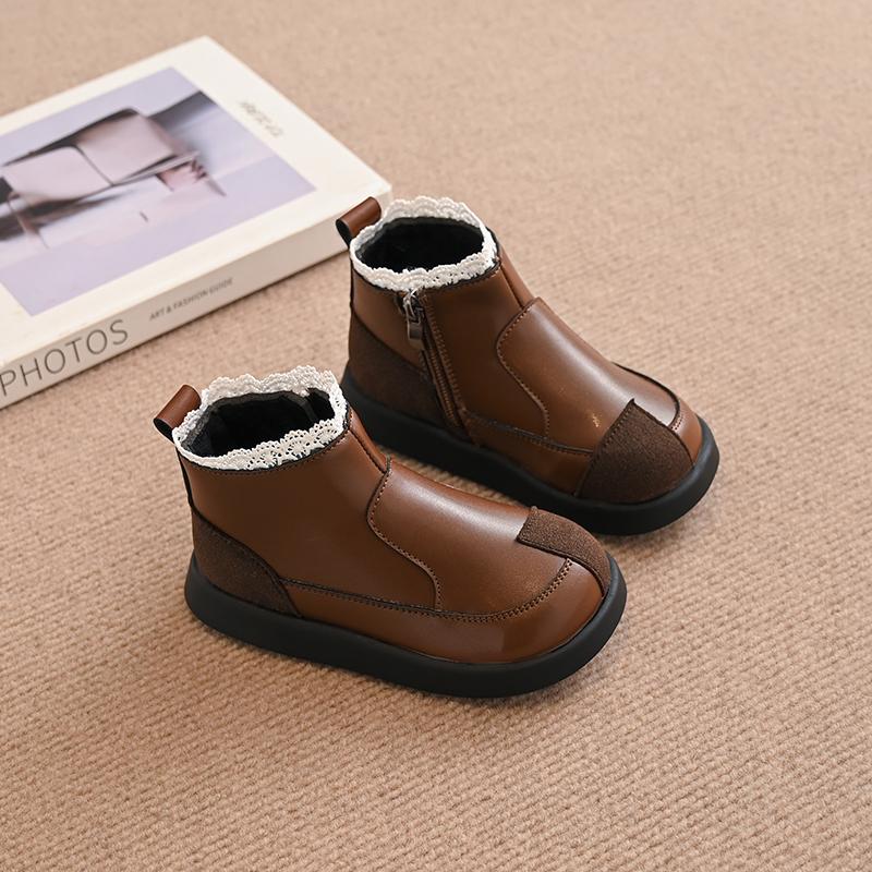 Kids Princess Boots with Sweet Lace Girls Short Leather Boots Non-slip Children Ankle Boots Elegant 2024 Autumn Winter New