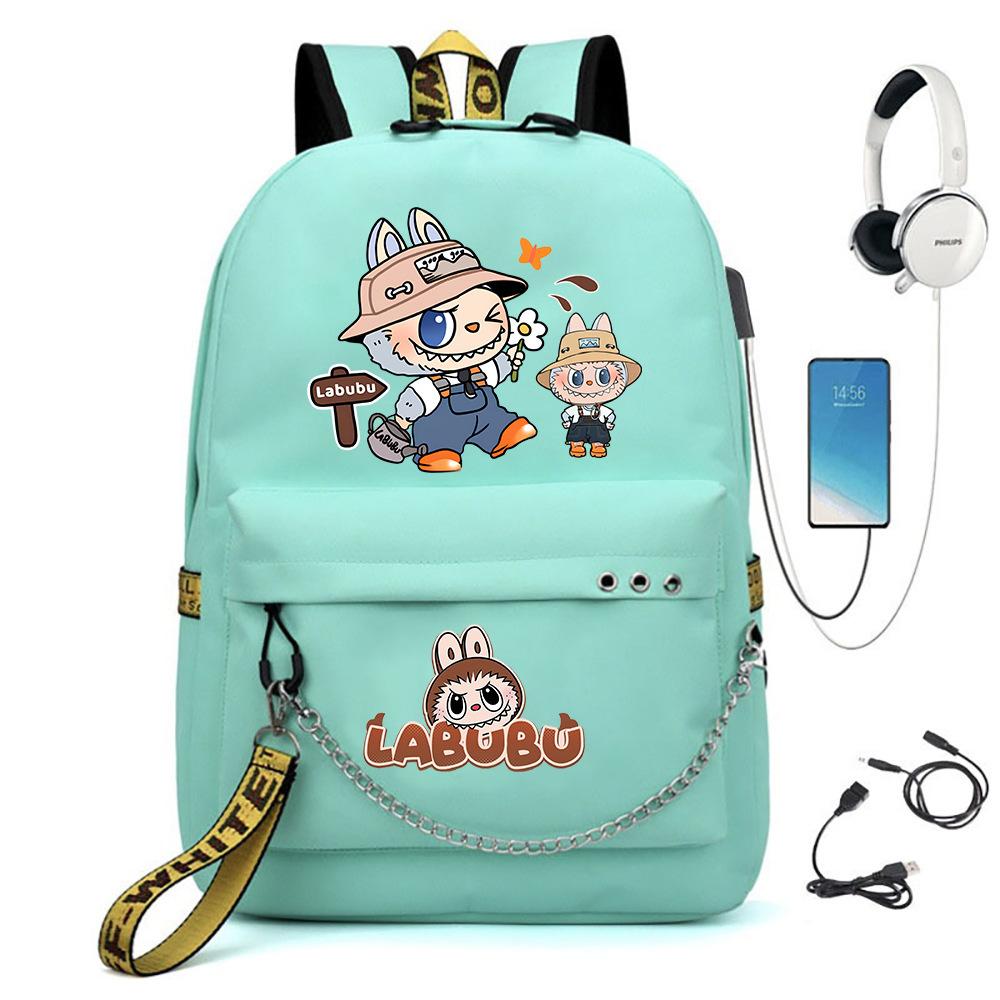 Labubu Printed Student Bag Iron Chain Trend Backpack Usb Bag
