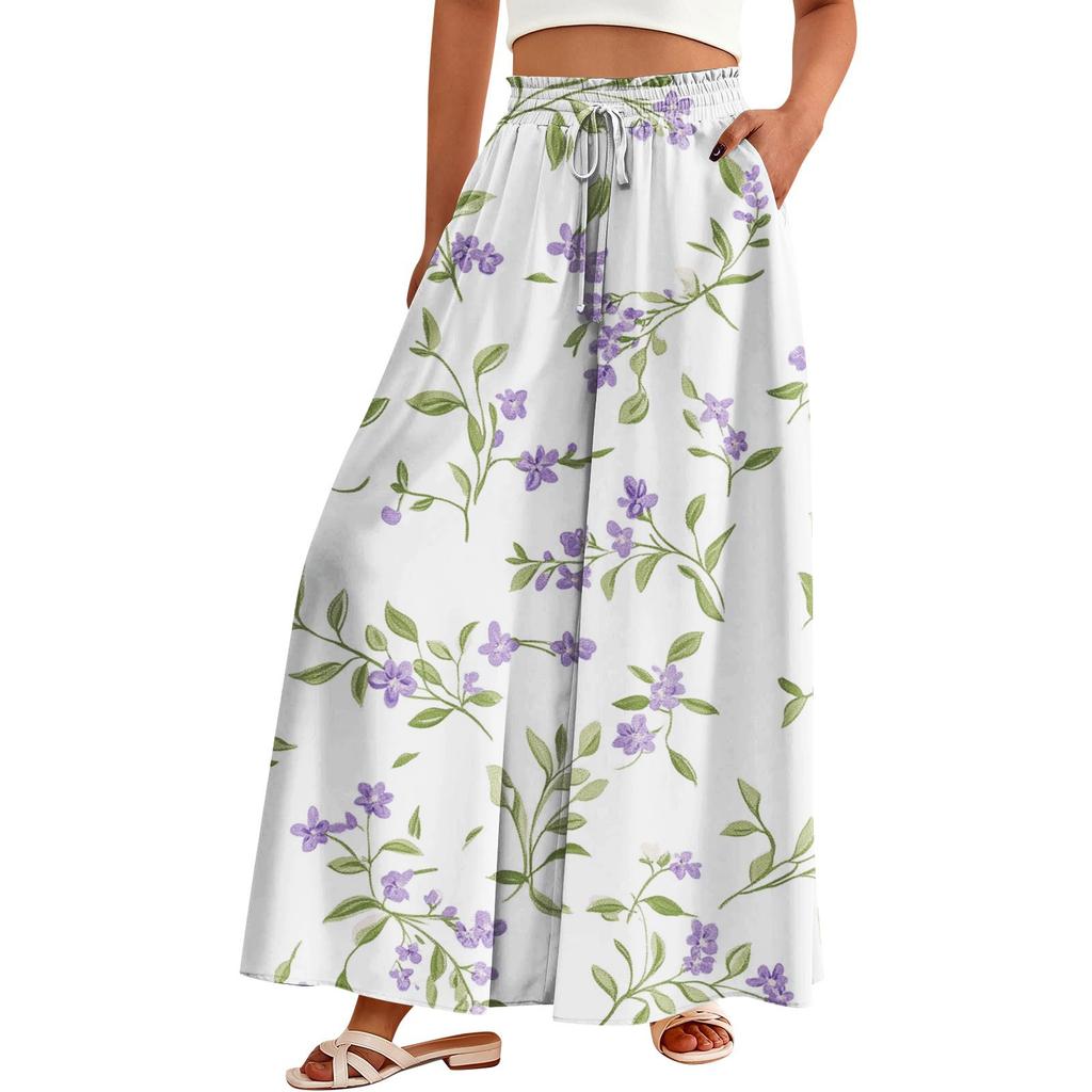 Women's Palazzo Pants Boho Floral Wide Leg Trousers Summer Beach High Waisted Flowy Pants With Pockets
