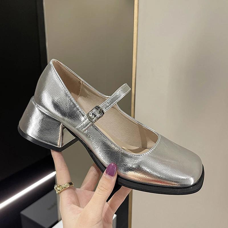 Fashion Rimocy Silver Thick Heels Mary Jane Shoes Women 2025 Buckle Strap Square Toe Pumps Woman Med Heele Patent Leather Shoes Female