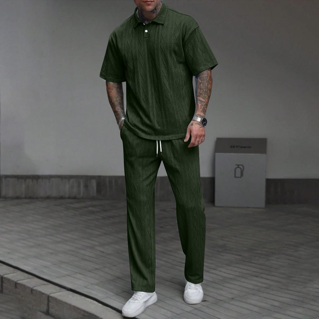 Men's Solid Color Textured Short Sleeved Trousers Suit Men's Casual Suit