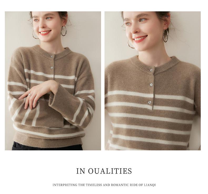Women's Striped Color Block Henley Cashmere Sweater - Autumn/Winter Thick Knitwear