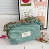 Women's Vintage Gingham Cosmetic Makeup Bag with Ruffled Edges-Large Capacity Organizer, Elegant Ribbon Bow Closure for Daily