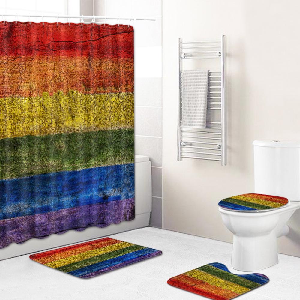 Home Waterproof Print Shower Curtain 4 Piece Carpet Cover Toilet Cover Bath Mat Pad Set Bathroom Curtain Bathroom Decoration