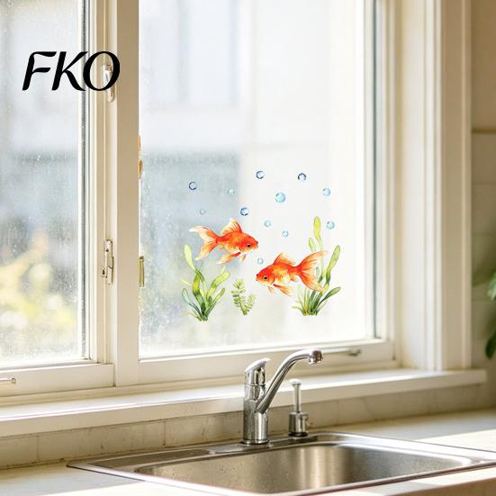 Aquatic Plant Window Decal Red Goldfish Design Sticker, Transparent Electrostatic Adhesion No Glue Auspicious Decor Glass for Living Room Bedroom