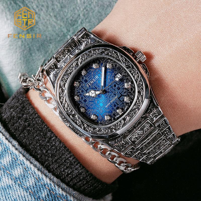 Весна 2025 Новые Мужские Роскошные Деловые Наручные часы из нержавеющей стали Винтажные Часы с кварцевым механизмом с резными узорами для мужчин Relogio