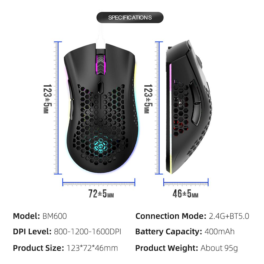 BM600 Wireless Rechargeable Mouse 2.4G+BT5.0 Dual-mode Lightweight Mouse RGB Breathing Light Effect