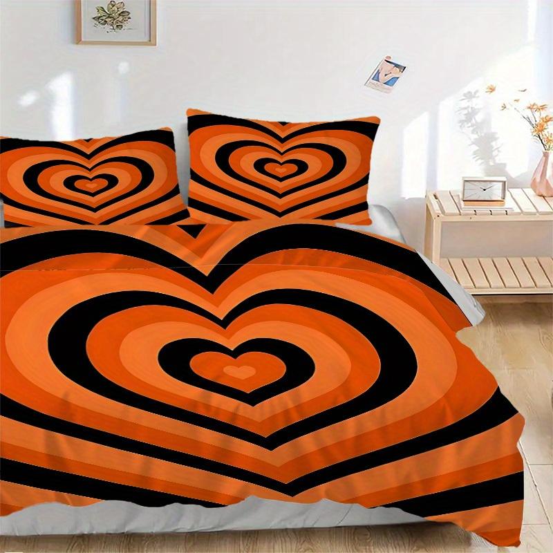 3pcs Orange Heart Pattern Bedding Set, Ideal for Home Use, Suitable for Bedroom Decor (1*Duvet Cover + 1/2*Pillowcases, No Core) yy250821201