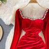 Новое осеннее вечернее платье Хепберн с разрезом на бедрах, сексуальное темпераментное бархатное платье с квадратным вырезом и бриллиантами, золотое бархатное платье