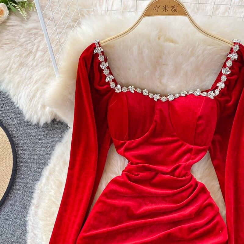 Новое осеннее вечернее платье Хепберн с разрезом на бедрах, сексуальное темпераментное бархатное платье с квадратным вырезом и бриллиантами, золотое бархатное платье
