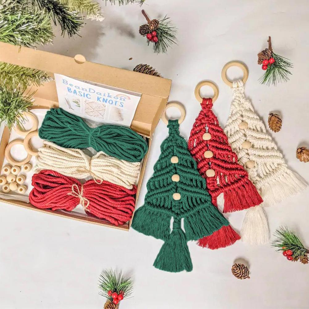 3Pcs Christmas Tree DIY Macrame Kit, Christmas Macrame Woven Boho Christmas Tree Decorative Hanging Ornaments Kits for Beginners
