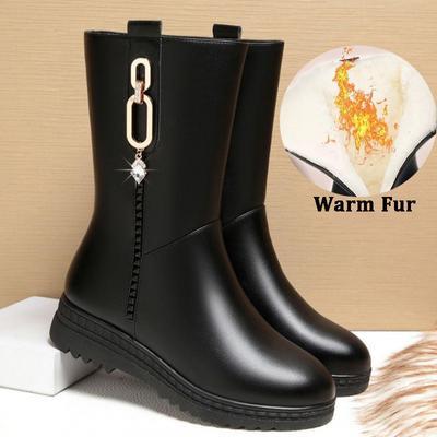 Женские ботинки. Зимние ботильоны из искусственной кожи. Теплые меховые сапоги. Женские ботинки. Обувь. Сапоги на плоской подошве. Черные ботинки.